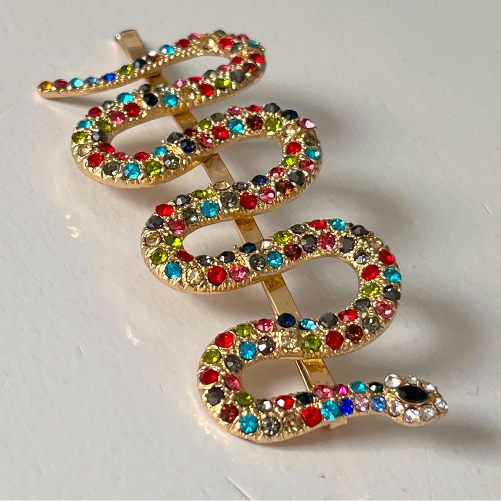 Vintage | Snake Hair Pin | Gold with Rainbow Colors Crystals